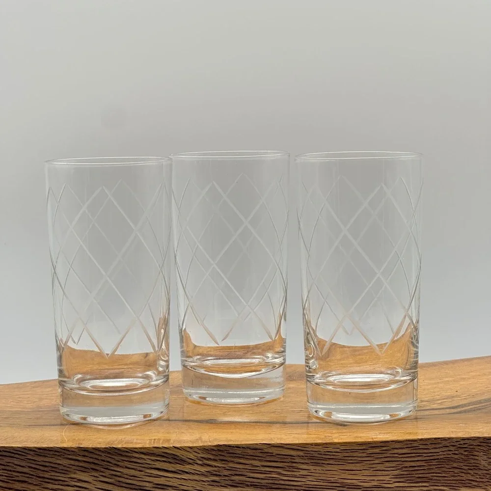 Set of 3 Etched Diamond‎ Trellis Highball Glasses Clear Glass Tumblers 5.5 inch